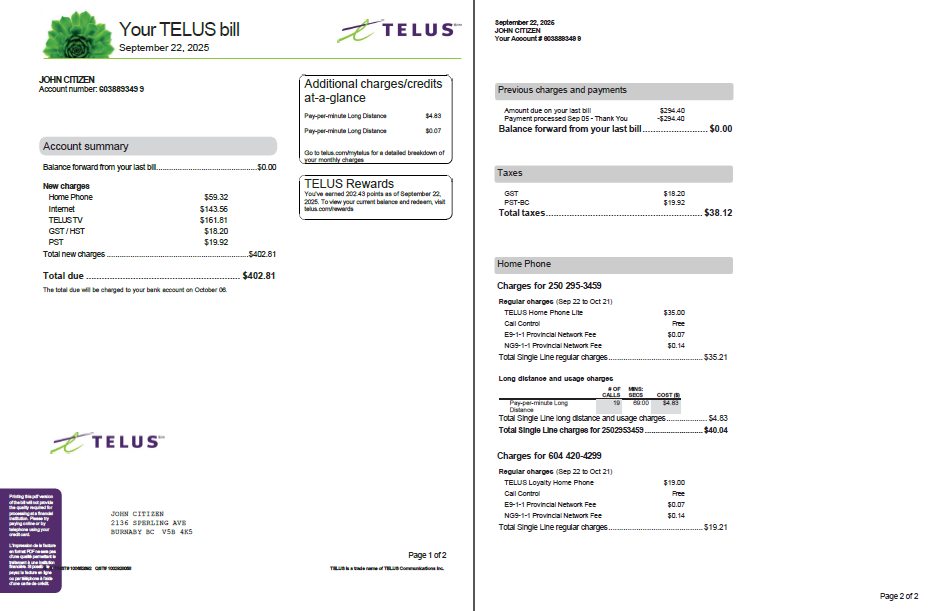 Canada Telus utility bill template in Word and PDF formats, 2 pages, version 3